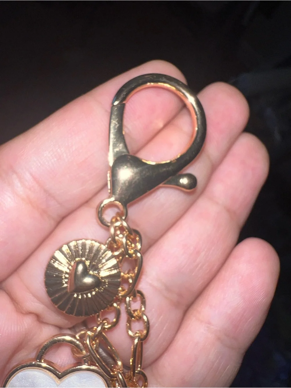 Gold Heart Bag Charm Keychain with Mother-of-Pearl Accent & Green Crystal